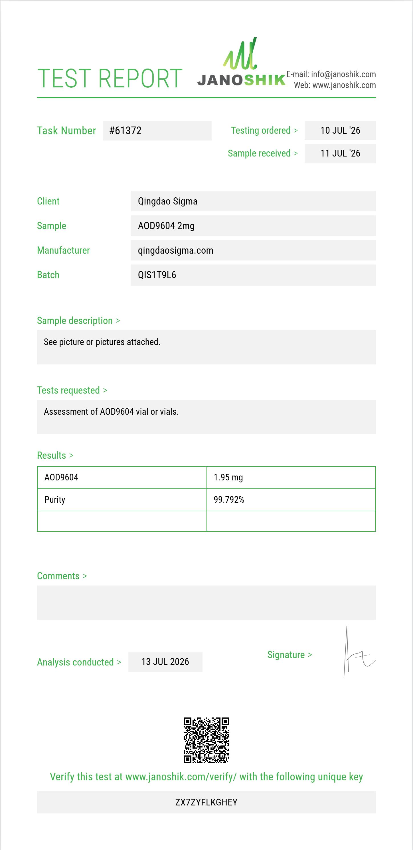 AOD9604 Purity (HPLC) report by Janoshik Analytical
