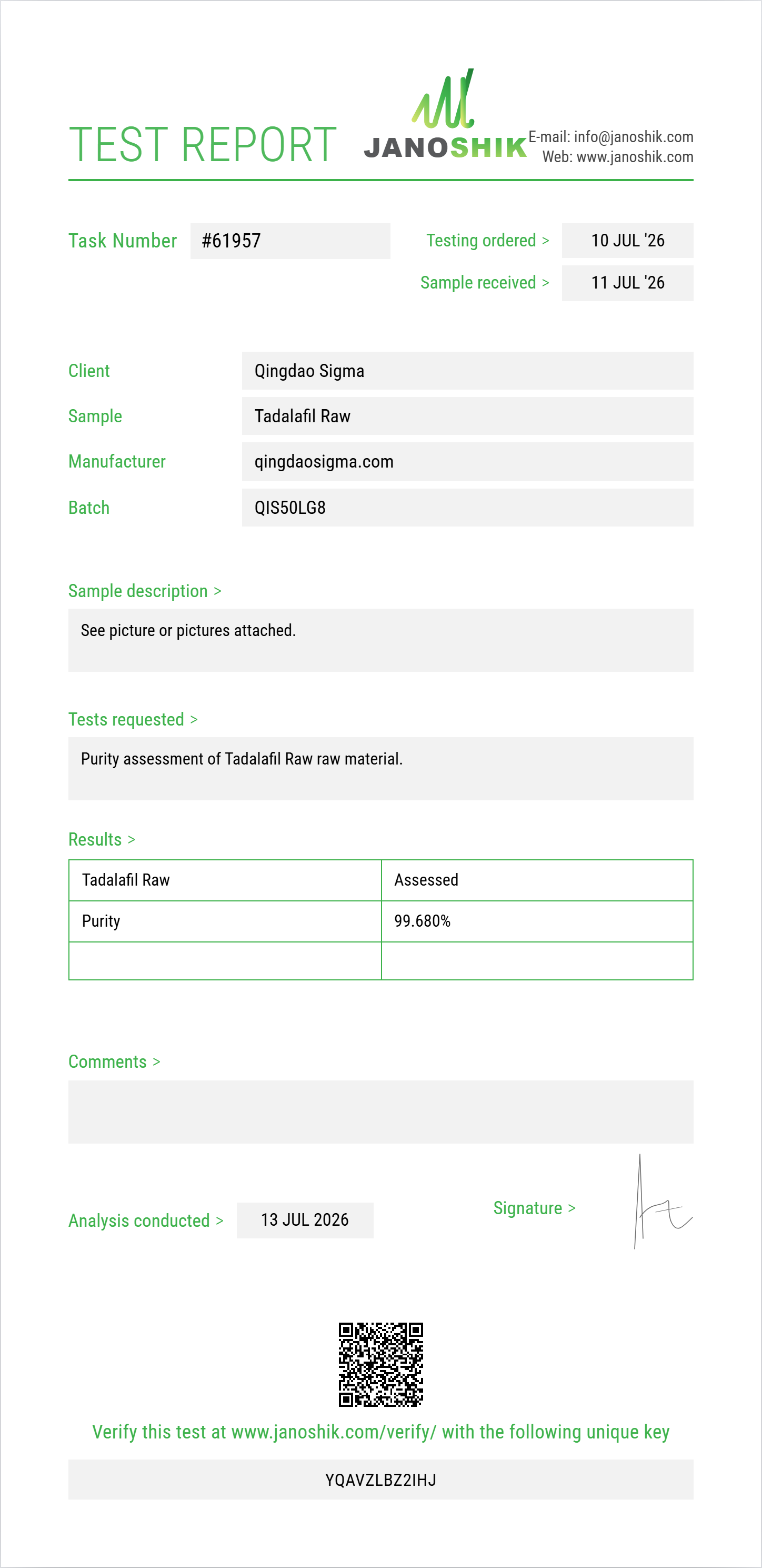 Tadalafil Raw Purity (HPLC) report by Janoshik Analytical