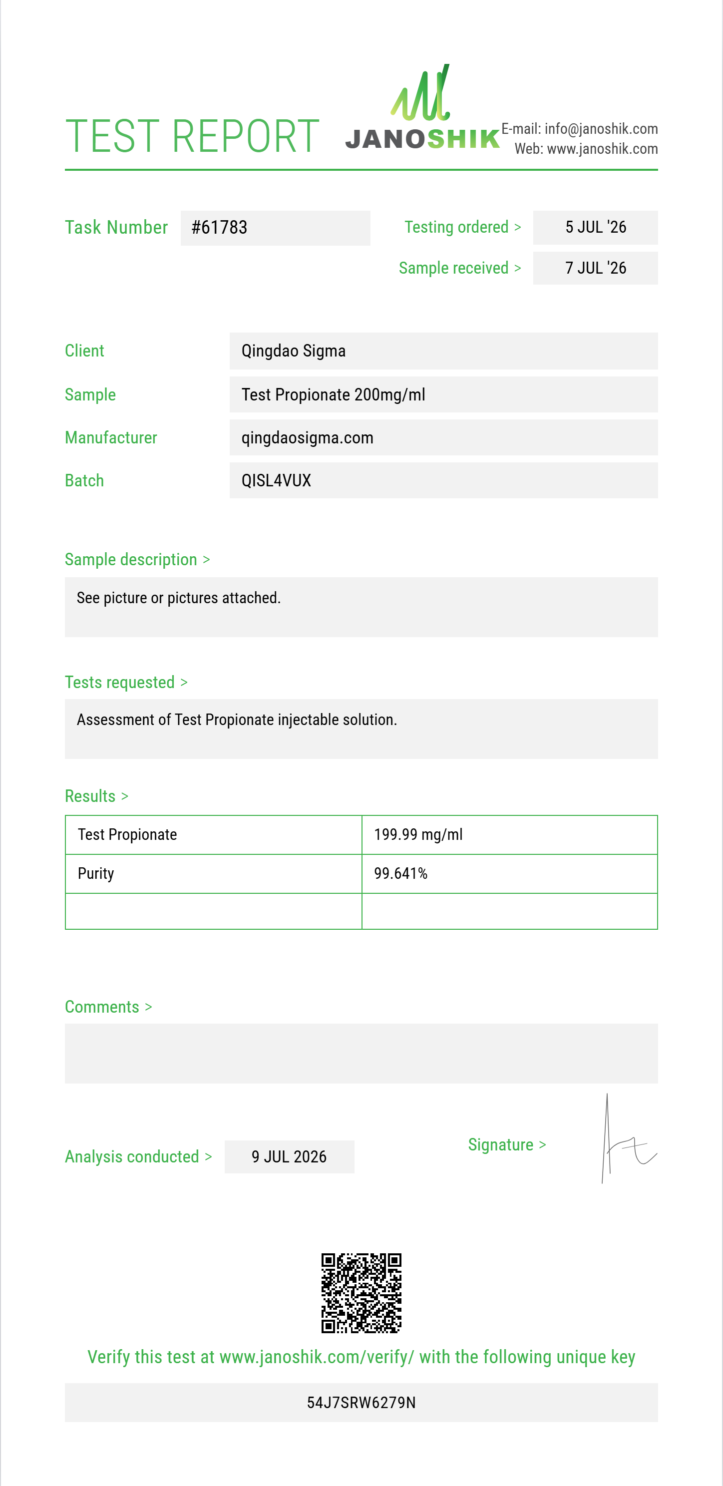 Test Propionate Purity (HPLC) report by Janoshik Analytical